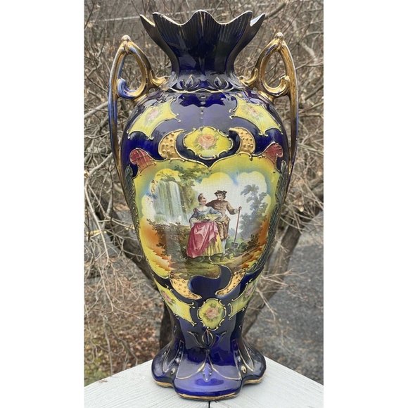 18 3/8" LARGE Antique Ceramic Vase 'Dudley' Transfer Print Cobalt Blue Gilt - Picture 5 of 16